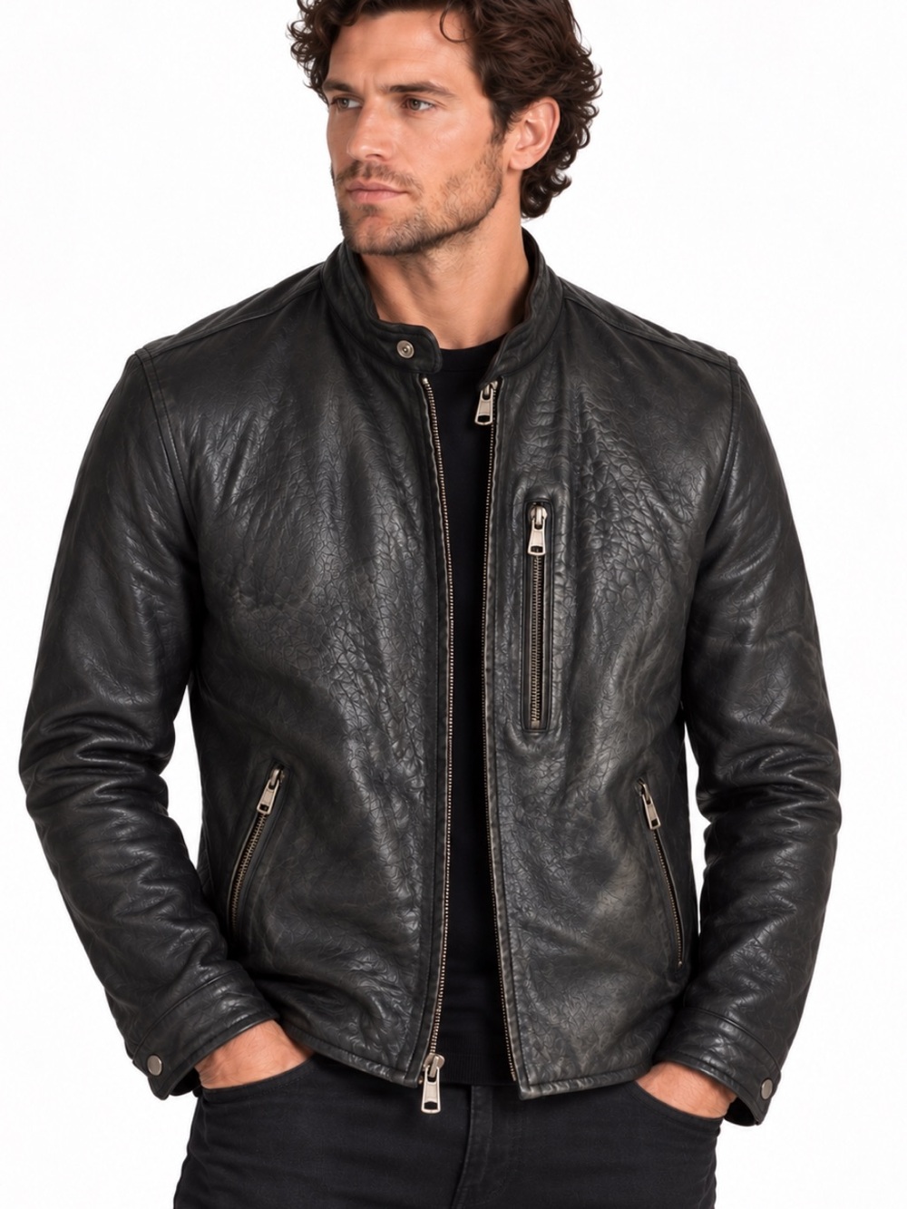 John Varvatos Black Leather Café Racer Moto Jacket Men's 52 Or US Large EUC!
